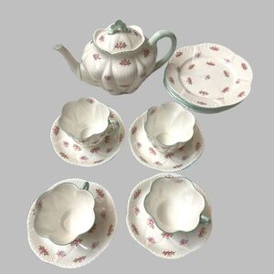 Shelley Vtg Rosebud Tea Set Fine Bone For Four Teapot Cups Dessert Plates